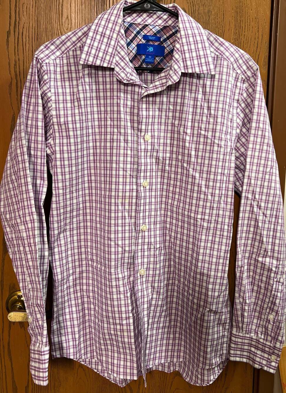 Egara Mens Non-Iron Slim Fit Plaid Dress Shirt Size M Purple White